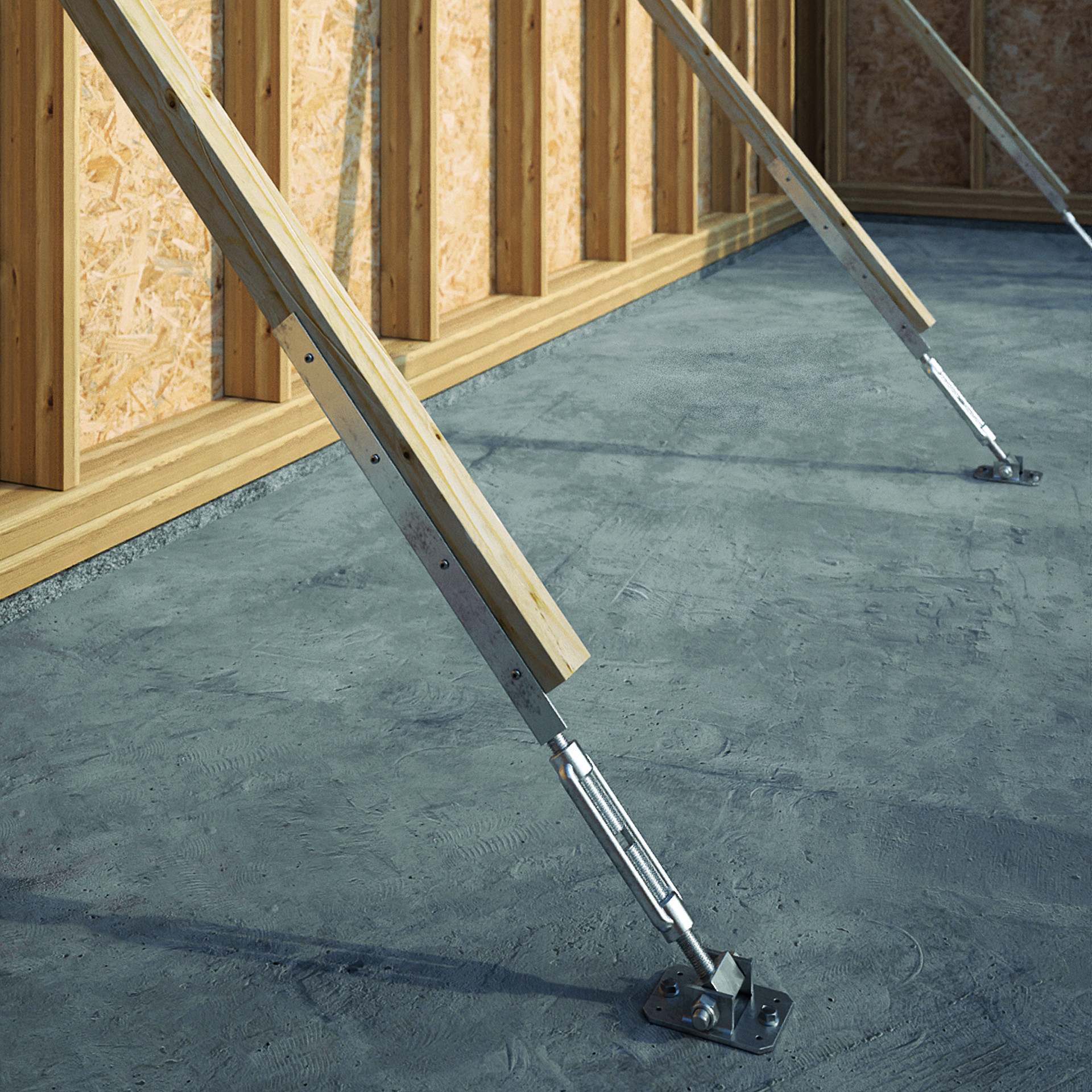 GIRAFFE LITE temporary support brace stabilizing a timber frame wall during installation